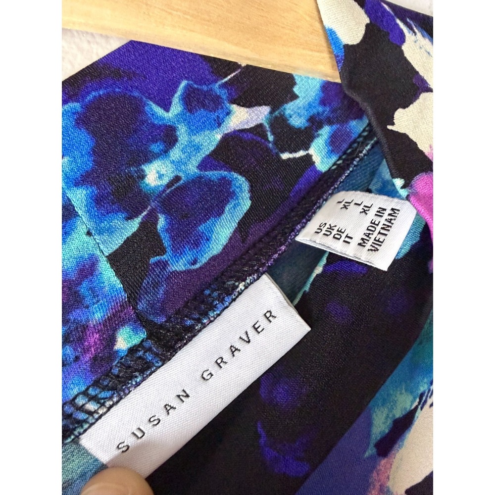 Susan Graver Printed Liquid Knit Puff Sleeve Mock Neck Top Iris/Black:L #198-U - Picture 3 of 4